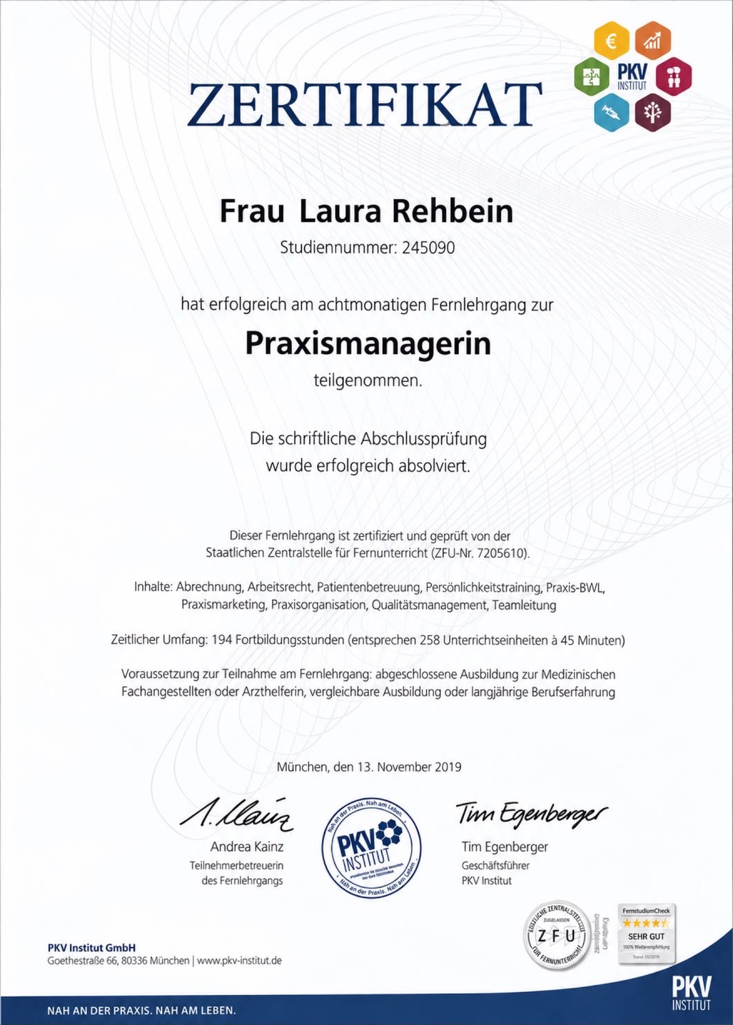 Zertifikat Praxismanagerin Laura Rehbein